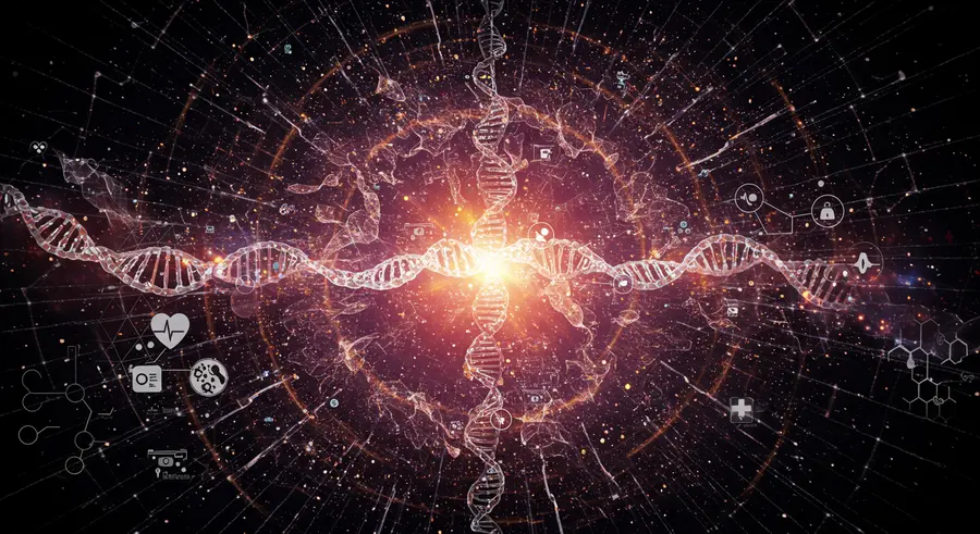 Abstract visualization of quantum machine learning applied to healthcare, showing interconnected neural networks, DNA strands, and medical symbols within a futuristic, glowing quantum space