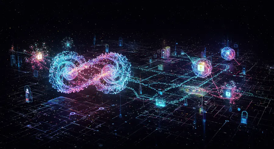 Abstract visualization of quantum cryptography, with entangled particles securing data and AI systems