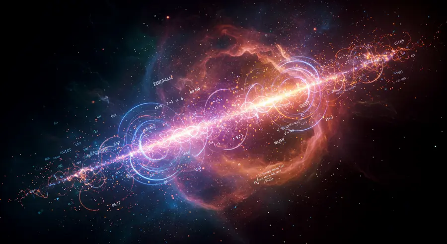 Abstract visualization of quantum computing solving complex optimization problems, with intricate algorithms and data points interacting in a quantum space